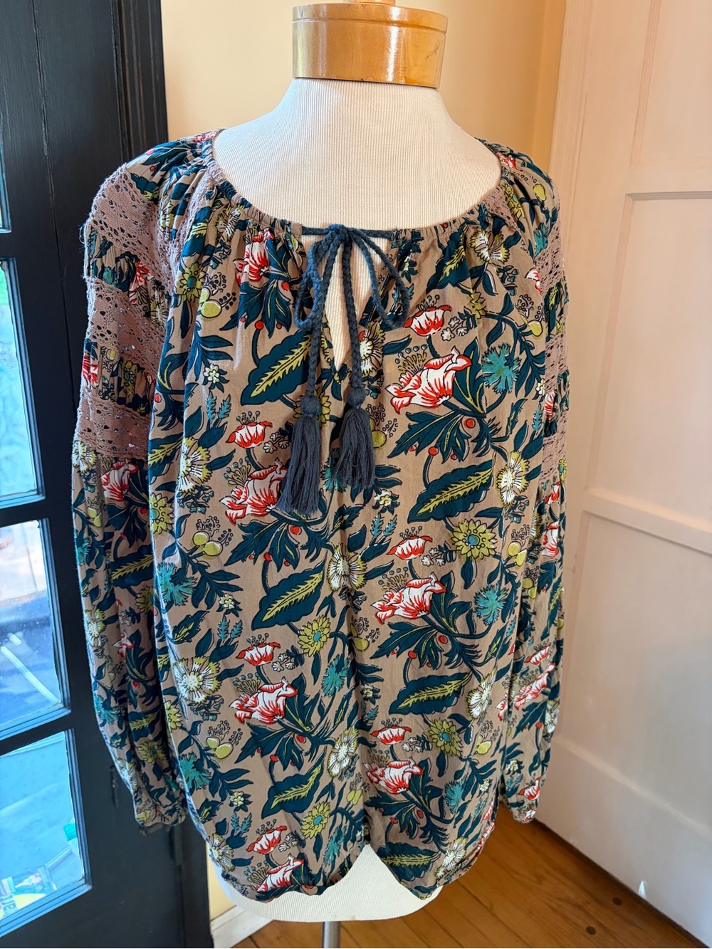 Anthropologie Boho Floral Tie-Neck Peasant Blouse - Blockprint